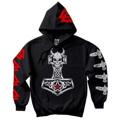 Red Valknut Fenrir Thor Skull Huginn Muninn Mjolnir Hoodie