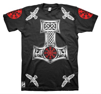 Helm of Terror Awe Red Huginn Muninn Viking Mjolnir T-Shirt