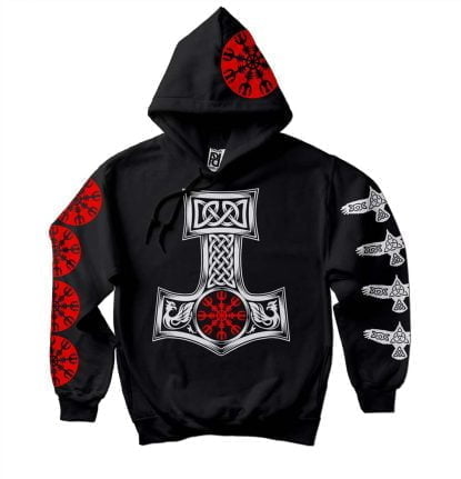 Red Helm of Terror Awe Huginn Muninn Viking Mjolnir Hoodie