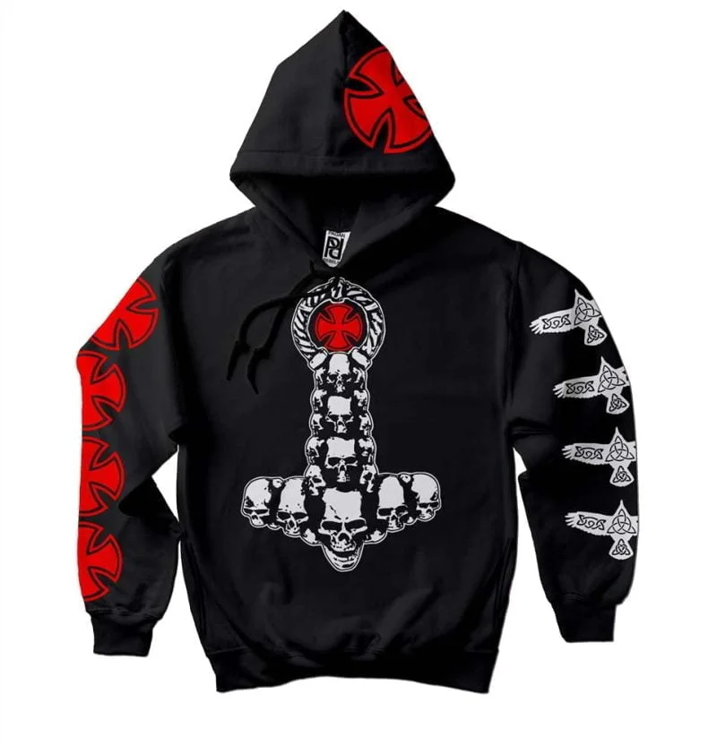 Red Iron Cross Skull Viking Mjolnir Hoodie