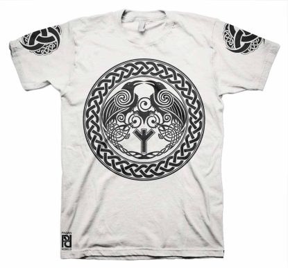 Alternative view of Huginn Muninn Odin Trisquel Algiz Viking Ragnarok T-Shirt