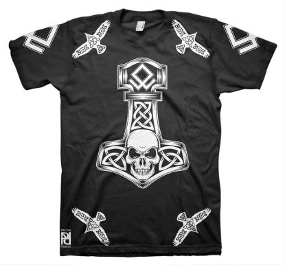 Skull Odal Rune Huginn Muninn Viking Mjolnir T-Shirt