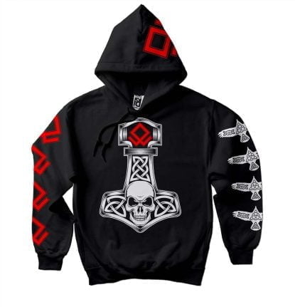 Red Skull Odal Rune Huginn Muninn Viking Mjolnir Hoodie