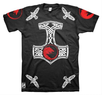 Ulfhednar Red Wolf Elite Warriors Huginn Muninn Viking Mjolnir T-Shirt