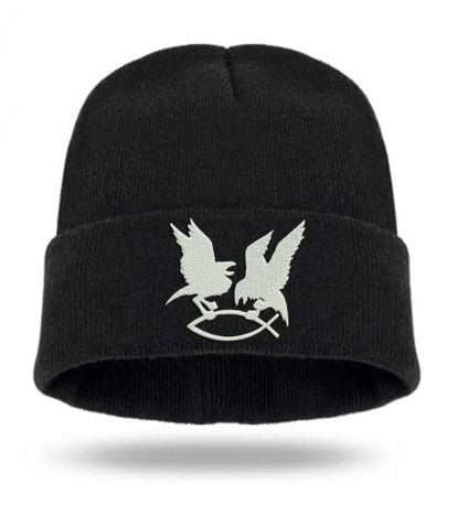 Huginn and Muninn Embroidery Warm Knit Black Winter Cap