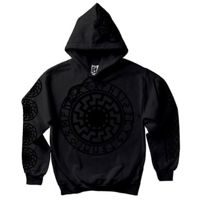 Black Sun Volkisch Norse Runes Viking Ragnarok Hoodie LTD Black on Black Print