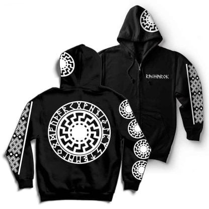 Black Sun Volkisch Norse Runes Viking Ragnarok Zip Hoodie
