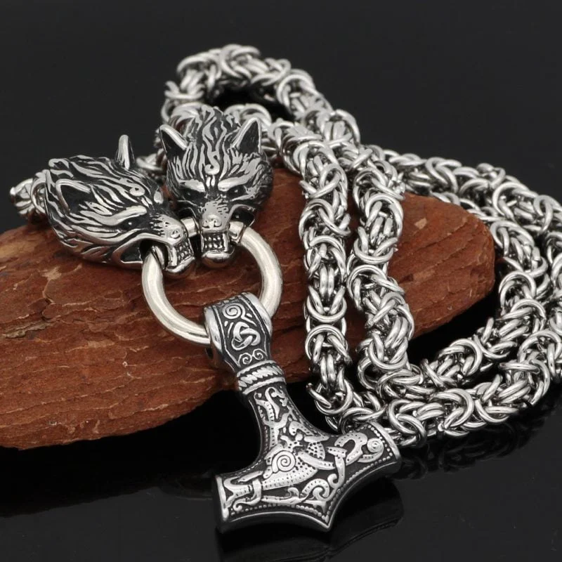 Wolf Head Viking Nordic Mjolnir Stainless Steel Thor Hammer Necklace - King Chain