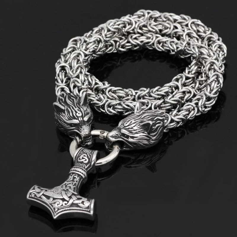 Wolf Head Viking Nordic Mjolnir Stainless Steel Thor Hammer Necklace - King Chain - Image 4