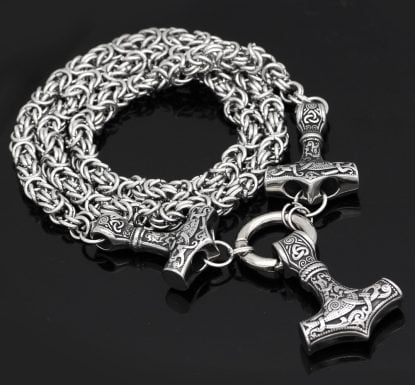 Alternative view of Three Nordic Mjolnir Stainless Steel Thor Hammer Necklace - King Chain
