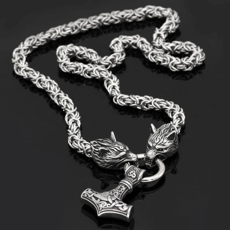 Wolf Head Viking Nordic Mjolnir Stainless Steel Thor Hammer Necklace - King Chain - Image 5