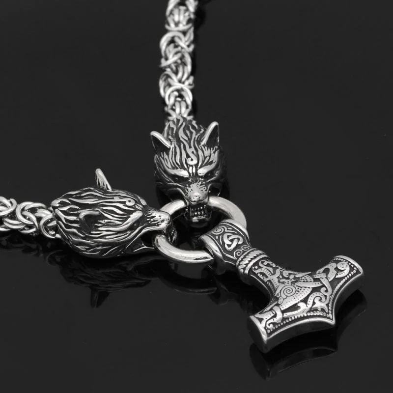 Wolf Head Viking Nordic Mjolnir Stainless Steel Thor Hammer Necklace - King Chain - Image 6