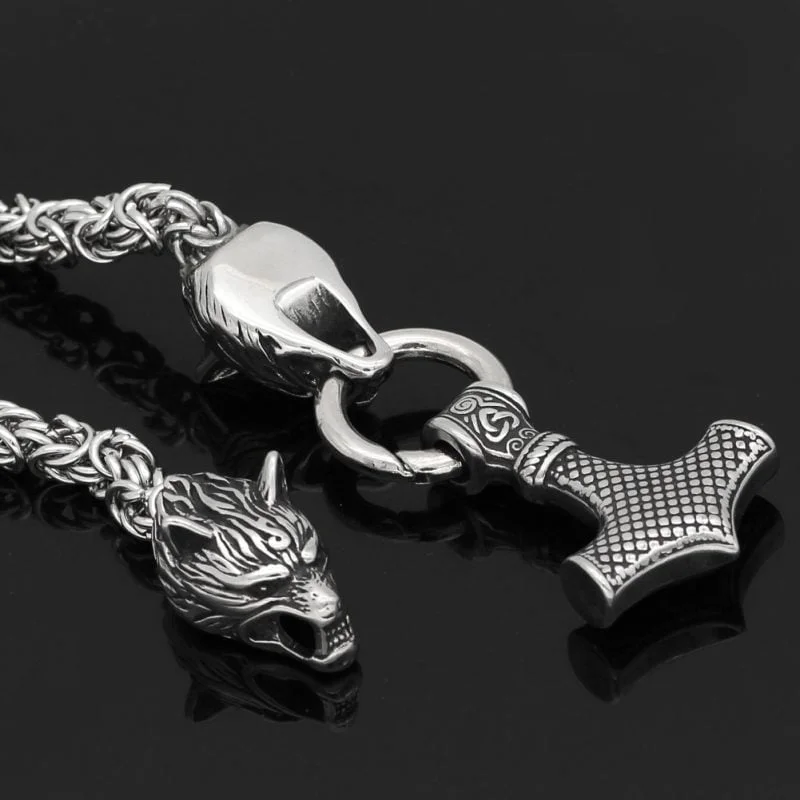 Wolf Head Viking Nordic Mjolnir Stainless Steel Thor Hammer Necklace - King Chain - Image 3