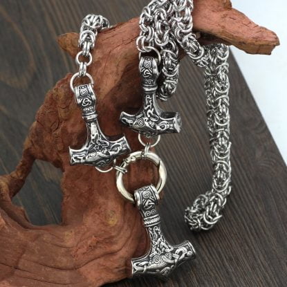 Three Nordic Mjolnir Stainless Steel Thor Hammer Necklace - King Chain
