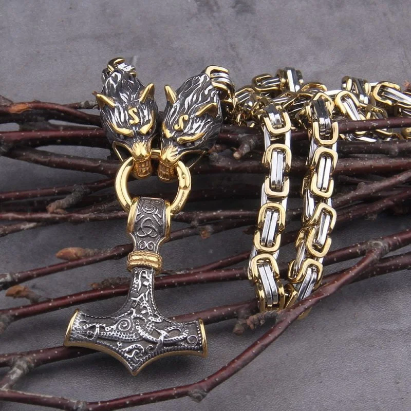 Fenrir Wolf Head Viking Nordic Mjolnir Stainless Steel Thor Hammer Necklace - King Chain - Image 6
