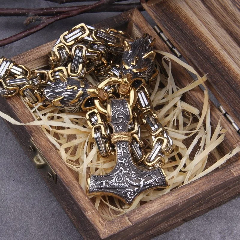 Fenrir Wolf Head Viking Nordic Mjolnir Stainless Steel Thor Hammer Necklace - King Chain - Image 2