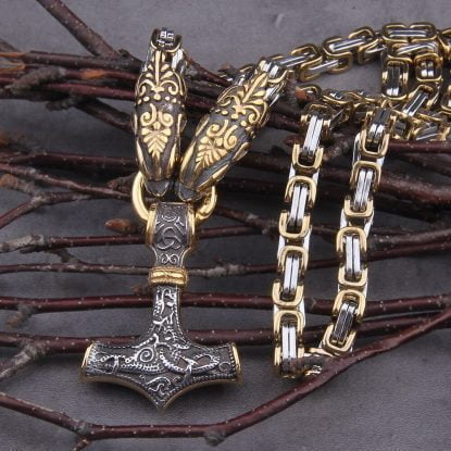 Jörmungandr Snake Head Viking Nordic Mjolnir Stainless Steel Thor Hammer Necklace - King Chain