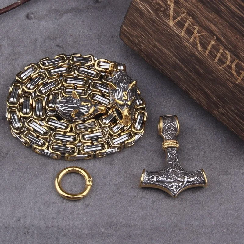 Fenrir Wolf Head Viking Nordic Mjolnir Stainless Steel Thor Hammer Necklace - King Chain - Image 9