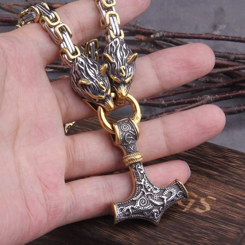 Fenrir Wolf Head Viking Nordic Mjolnir Stainless Steel Thor Hammer Necklace - King Chain - Image 4