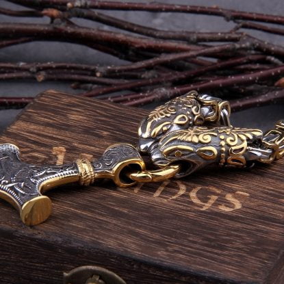 Alternative view of Jörmungandr Snake Head Viking Nordic Mjolnir Stainless Steel Thor Hammer Necklace - King Chain