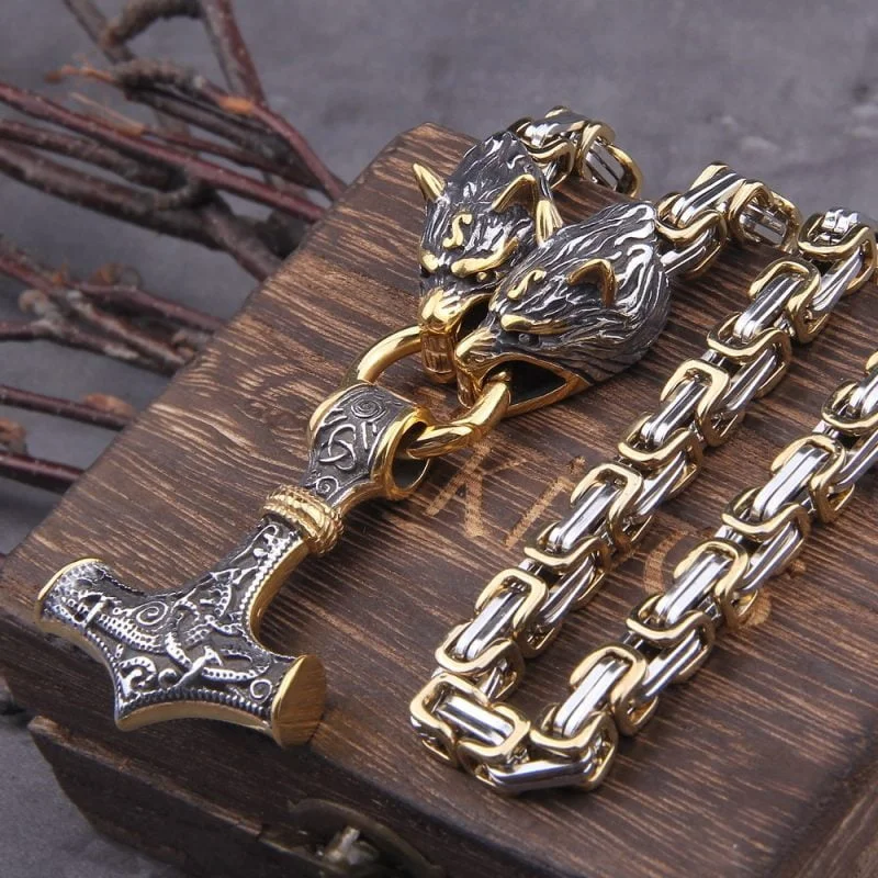 Fenrir Wolf Head Viking Nordic Mjolnir Stainless Steel Thor Hammer Necklace - King Chain