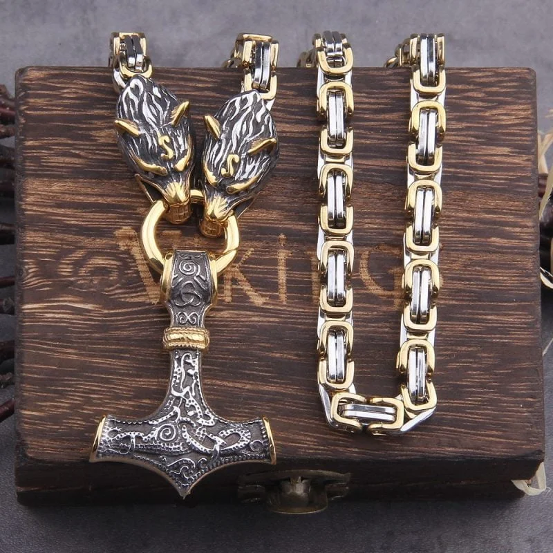 Fenrir Wolf Head Viking Nordic Mjolnir Stainless Steel Thor Hammer Necklace - King Chain - Image 5