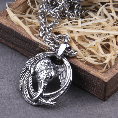 Hugin Norse Raven Necklace Odin Viking Pendant Crow Runes Thor Hammer Mjolnir