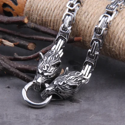 Alternative view of Stainless Steel Viking Wolf Head Square-link Chain with Round Clasp without Pendant with wooden box as christmas gift
