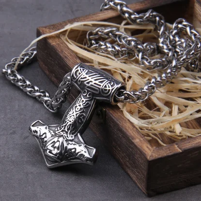 Viking Odin Axe Head Thors Hammer Mjolnir Pendant Necklace Norse Stainless Steel