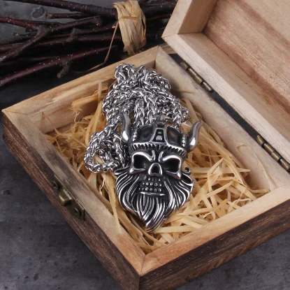 Alternative view of Viking helmet Warrior Skull Stainless Steel Nordic Pendant Chain Necklace  wooden box