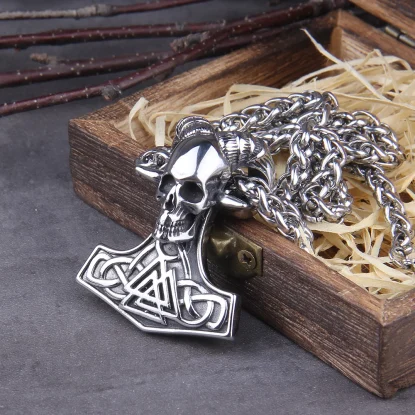 Thor Skull stainless steel viking rune mix skull head pendant necklace
