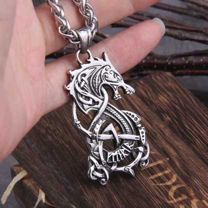 Alternative view of Jörmungandr Stainless Steel Viking Dragon with Viking Rune and with wooden box