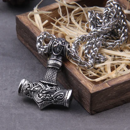 Alternative view of Thor's Hammer Necklace Viking Dragon Necklace For Men Jewelry Talisman with wooden box