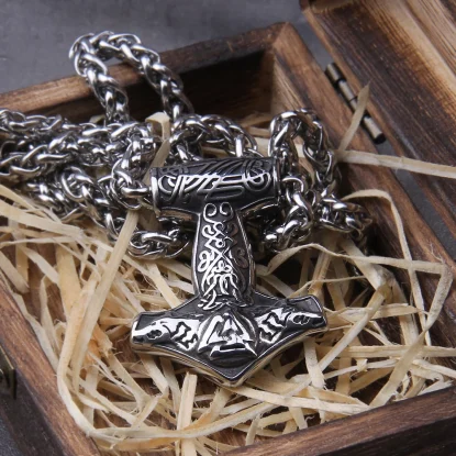 Alternative view of Viking Odin Axe Head Thors Hammer Mjolnir Pendant Necklace Norse Stainless Steel