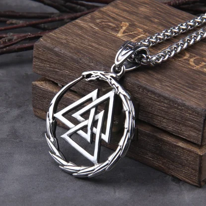 Valknut Amulet Viking Midgarðsormr Snake Dragon Pendant Necklace with vikings wooden box