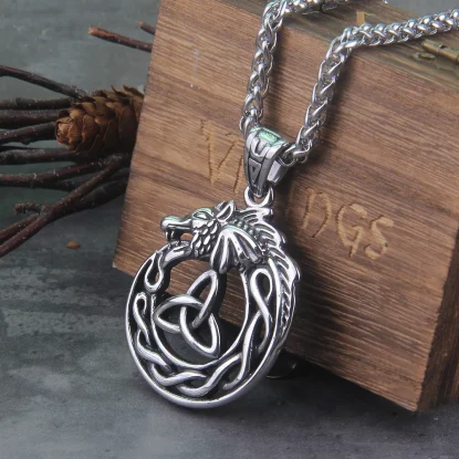 Midgarðsormr stainless steel Ouroboros pendant necklace as men gift with a wooden box
