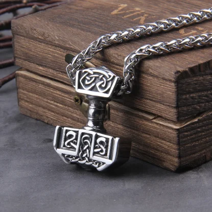 Stainless Steel Thor's Hammer Necklace Viking Necklace with Celtic-knotwith wooden
