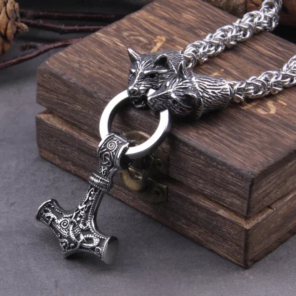 Thor's Hammer MjolnirStainless Steel Wolf Head with Handmade Chain Necklace viking necklace with wooden box