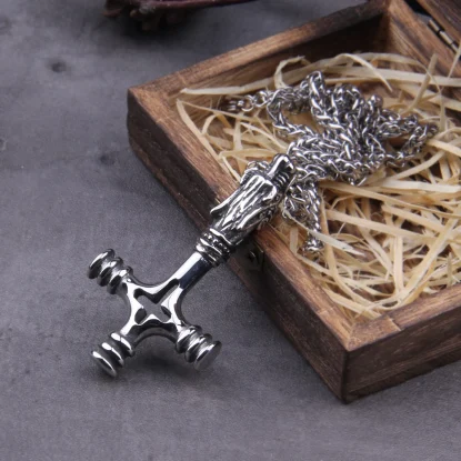 Stainless Steel Nordic Viking Dragon Cross necklace with wooden box