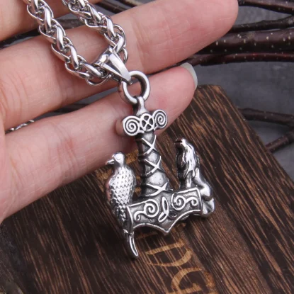 Alternative view of Fenrir and HuginStainless Steel Vikings jewelry Raven and wolf on viking Thor's hammer necklace with wooden box
