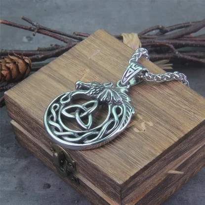 Alternative view of Midgarðsormr stainless steel Ouroboros pendant necklace as men gift with a wooden box
