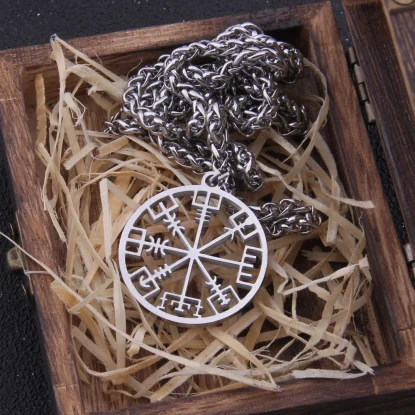 Alternative view of Vegvísir Stainless steel Viking  necklace as men gift with wooden box