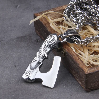 Viking Warrior Axe Valknut Stainless Steel Nordic necklace with wooden box