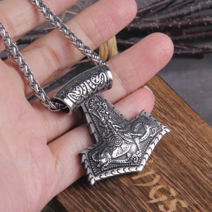 Alternative view of Norse Vikings Thor's Hammer Mjolnir Scandinavian Rune Amulet Necklace Stainless Steel Chain Anchor Pendant