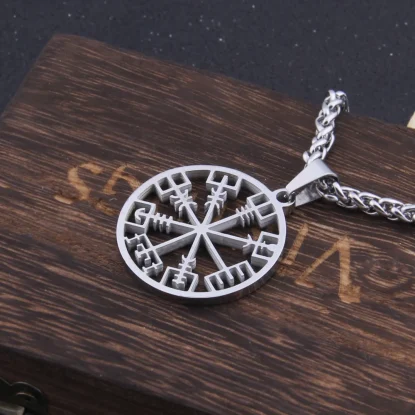 Alternative view of Stainless steel Viking vegvísir necklace as men gift with wooden box