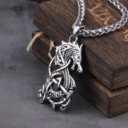 Jörmungandr Stainless Steel Viking Dragon with Viking Rune and with wooden box