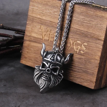 Viking helmet Warrior Skull Stainless Steel Nordic Pendant Chain Necklace  wooden box