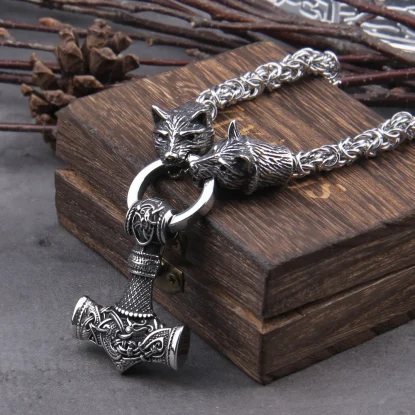 Alternative view of Thor's Hammer MjolnirStainless Steel Wolf Head with Handmade Chain Necklace viking necklace with wooden box