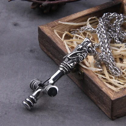 Alternative view of Stainless Steel Nordic Viking Dragon Cross necklace with wooden box