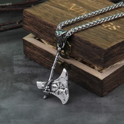 Vegvísir axe pendant necklace viking scandinavian norse with wooden box